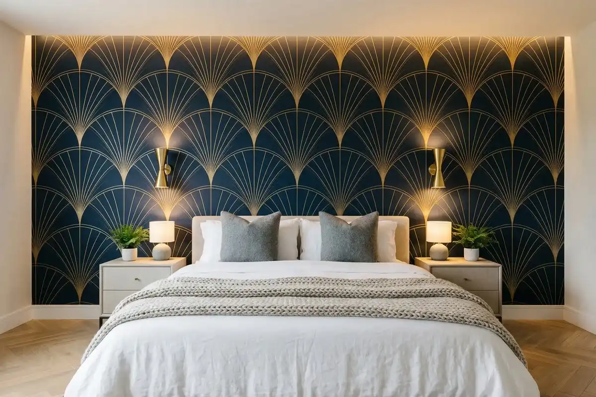 After — Navy art deco wallpaper installed in Chicago bedroom