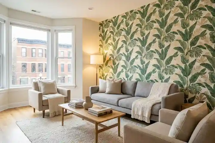 After — Bold botanical wallpaper installed in Chicago living room