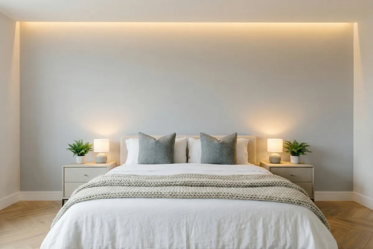 Before — Plain grey painted feature wall in Chicago bedroom