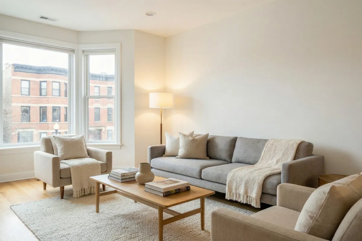 Before — Plain painted accent wall in Chicago living room